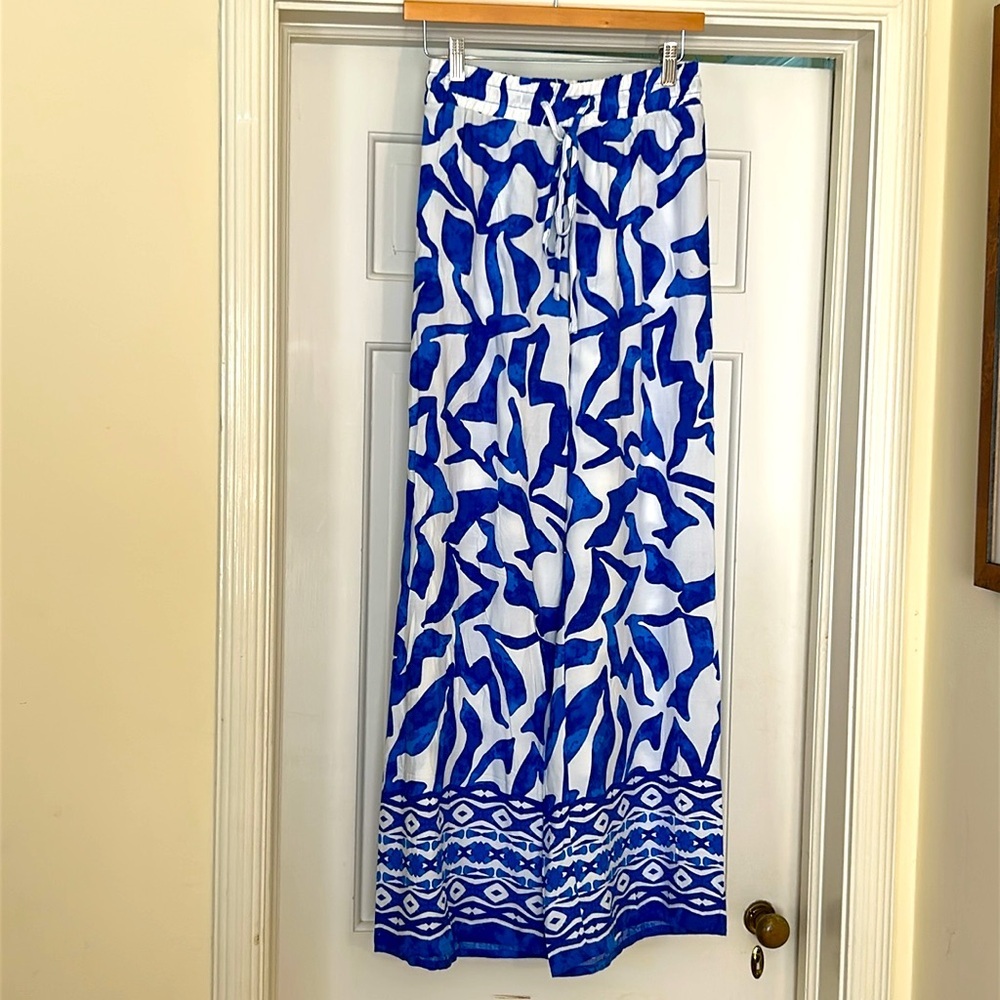 Mediterranean Blue Design Pants NEW Size Medium Wide Leg Smocked Drawstring NWOT